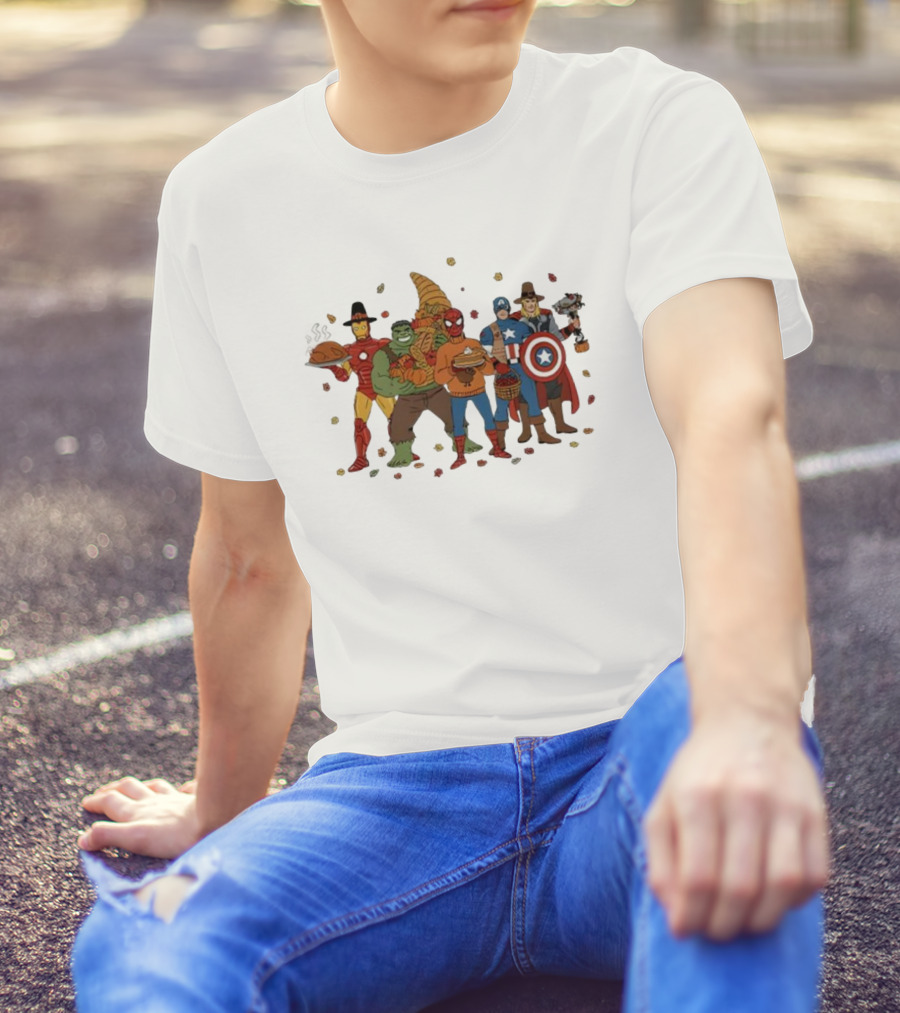 Thanksgiving Superhero Feast With Iron Man Hulk Spider-Man Captain America T-Shirt