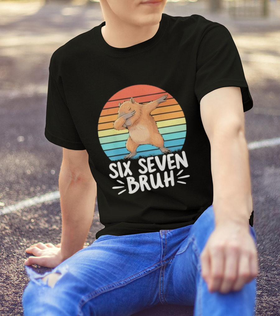 67 Meme Capybara Dabbing Six Seven Bruh Rainbow Retro T-Shirt