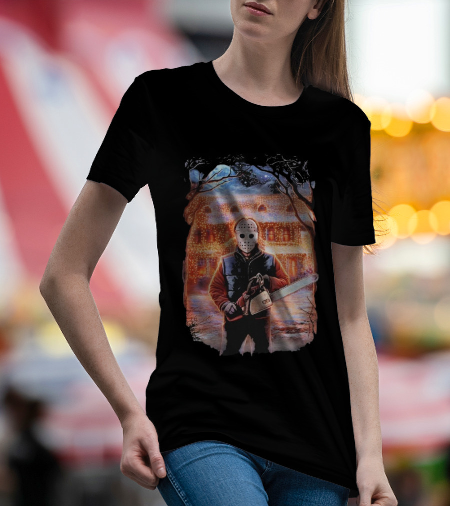 Clark’s Revenge Chainsaw Christmas Lights Hockey Mask Retro Horror Holiday T-Shirt