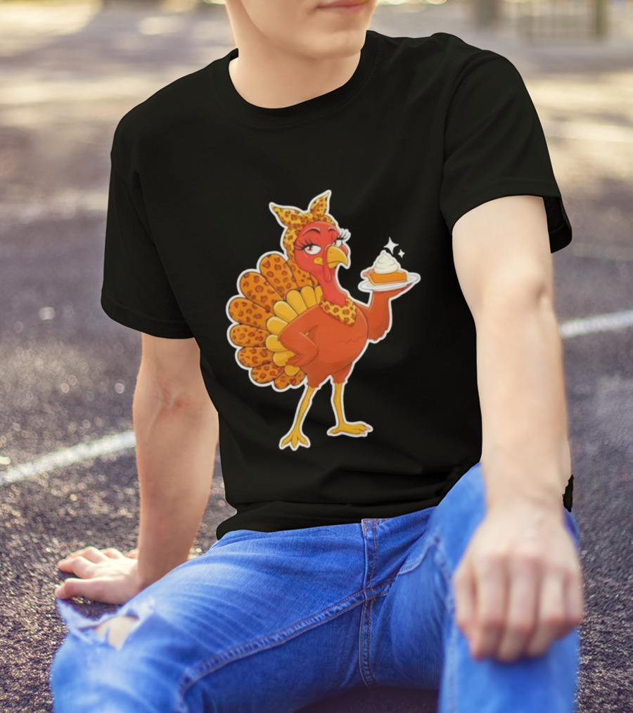 Leopard Print Turkey With Pumpkin Pie Thanksgiving T-Shirt