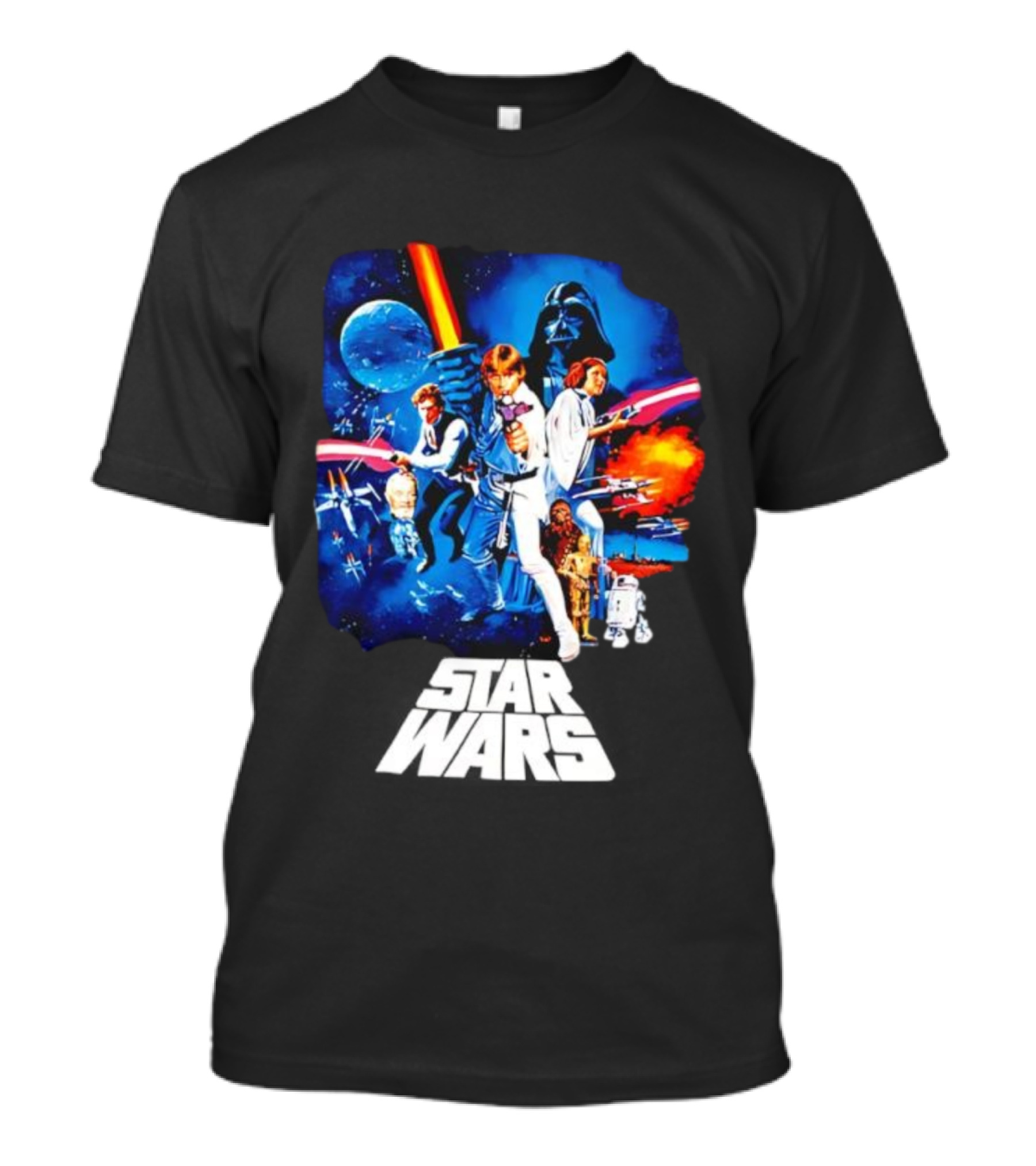 Star Wars New Hope Retro Darth Vader Luke Skywalker Leia Han Solo Chewbacca R2-D2 C-3PO Vintage Galactic Battle Scene T-Shirt