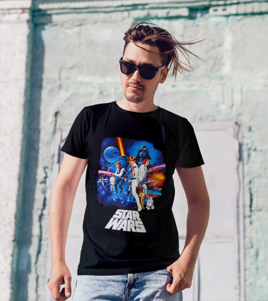 Star Wars New Hope Retro Darth Vader Luke Skywalker Leia Han Solo Chewbacca R2-D2 C-3PO Vintage Galactic Battle Scene T-Shirt