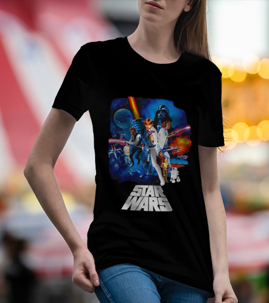 Star Wars New Hope Retro Darth Vader Luke Skywalker Leia Han Solo Chewbacca R2-D2 C-3PO Vintage Galactic Battle Scene T-Shirt