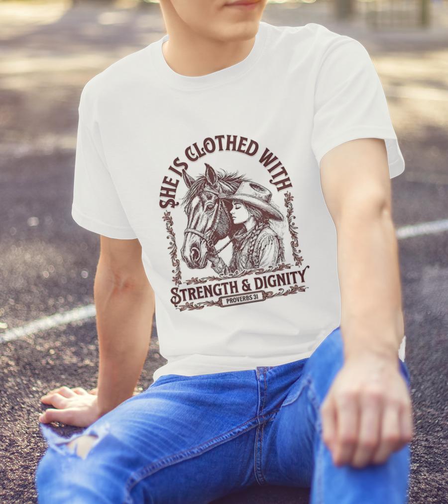 She Is Clothed With Strength And Dignity Proverbs 31 Horse And Cowgirl Design T-Shirt