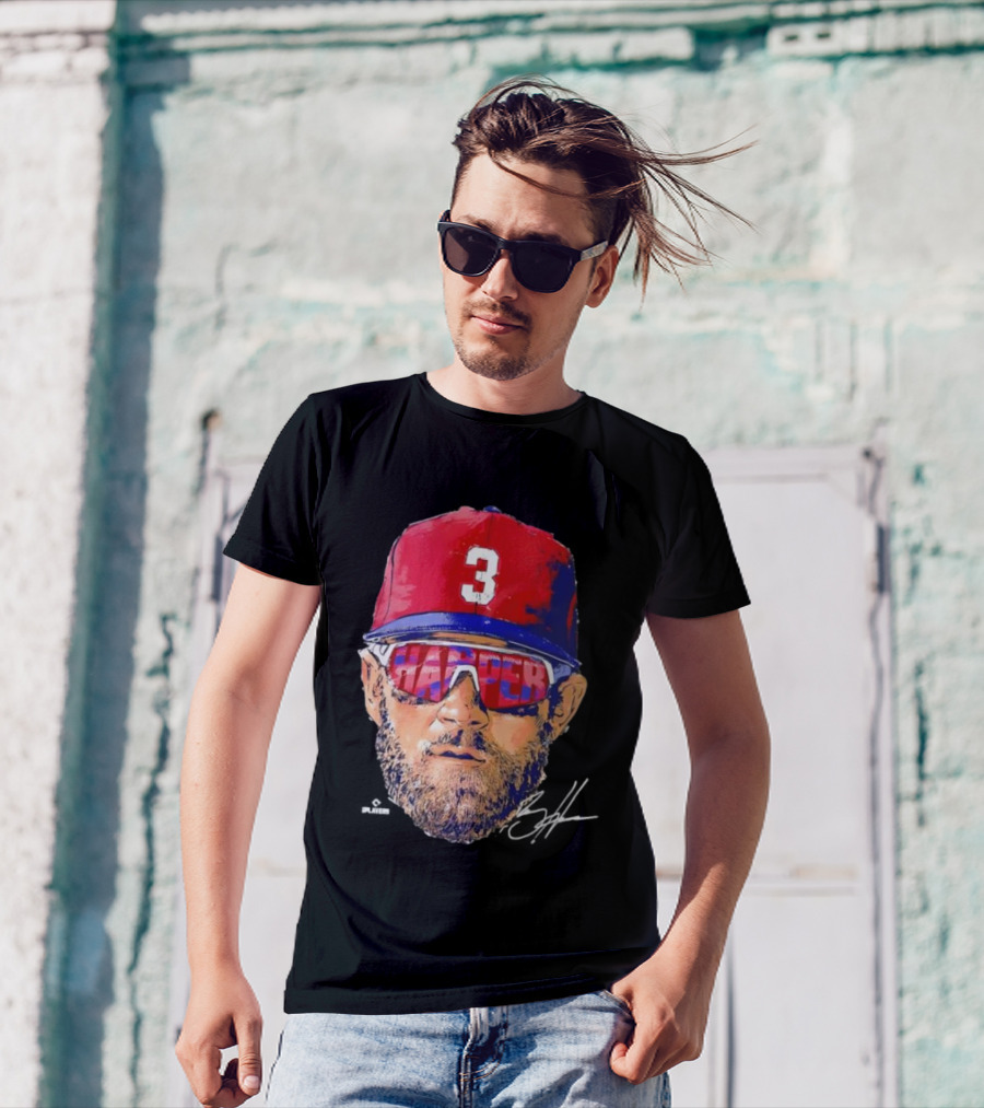 Philadelphia Phillies Bryce Harper Signature Head 3 Cap Sunglasses T-Shirt