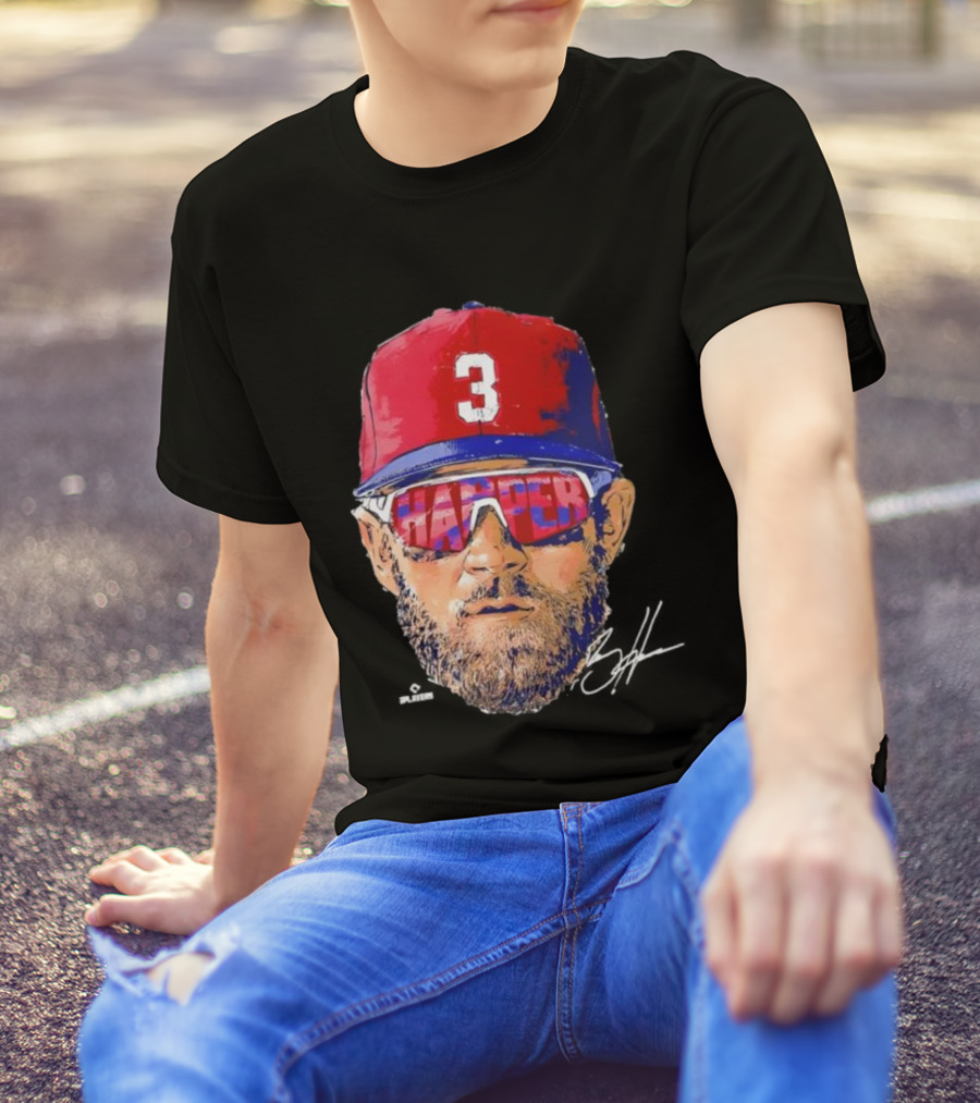 Philadelphia Phillies Bryce Harper Signature Head 3 Cap Sunglasses T-Shirt