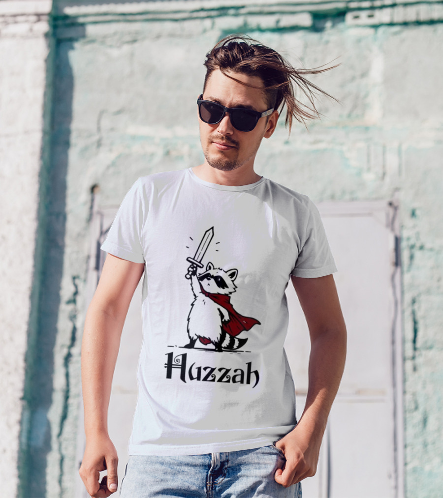 Raccoon Warrior Huzzah Red Cape Sword Heroic Pose T-Shirt