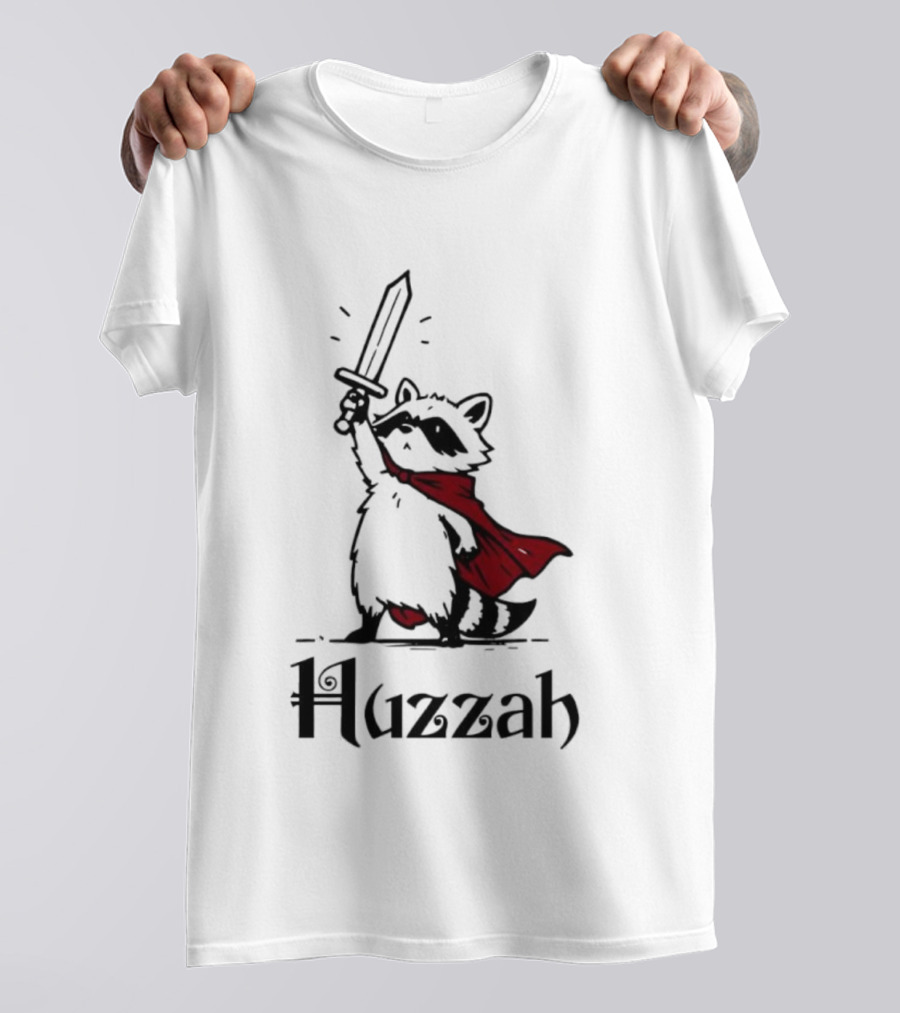 Raccoon Warrior Huzzah Red Cape Sword Heroic Pose T-Shirt