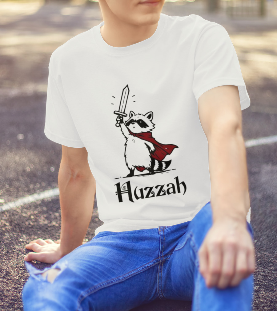 Raccoon Warrior Huzzah Red Cape Sword Heroic Pose T-Shirt