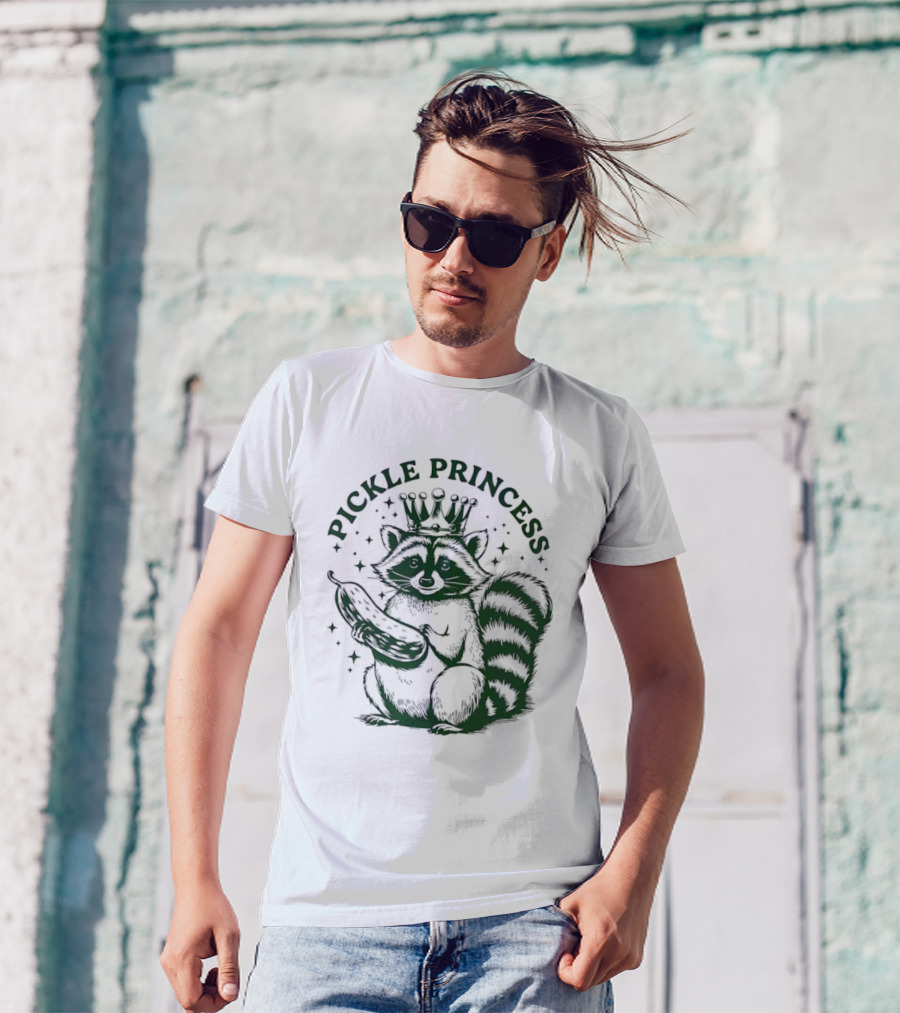 Pickle Princess Raccoon Holding Pickle With Crown And Stars T-Shirt