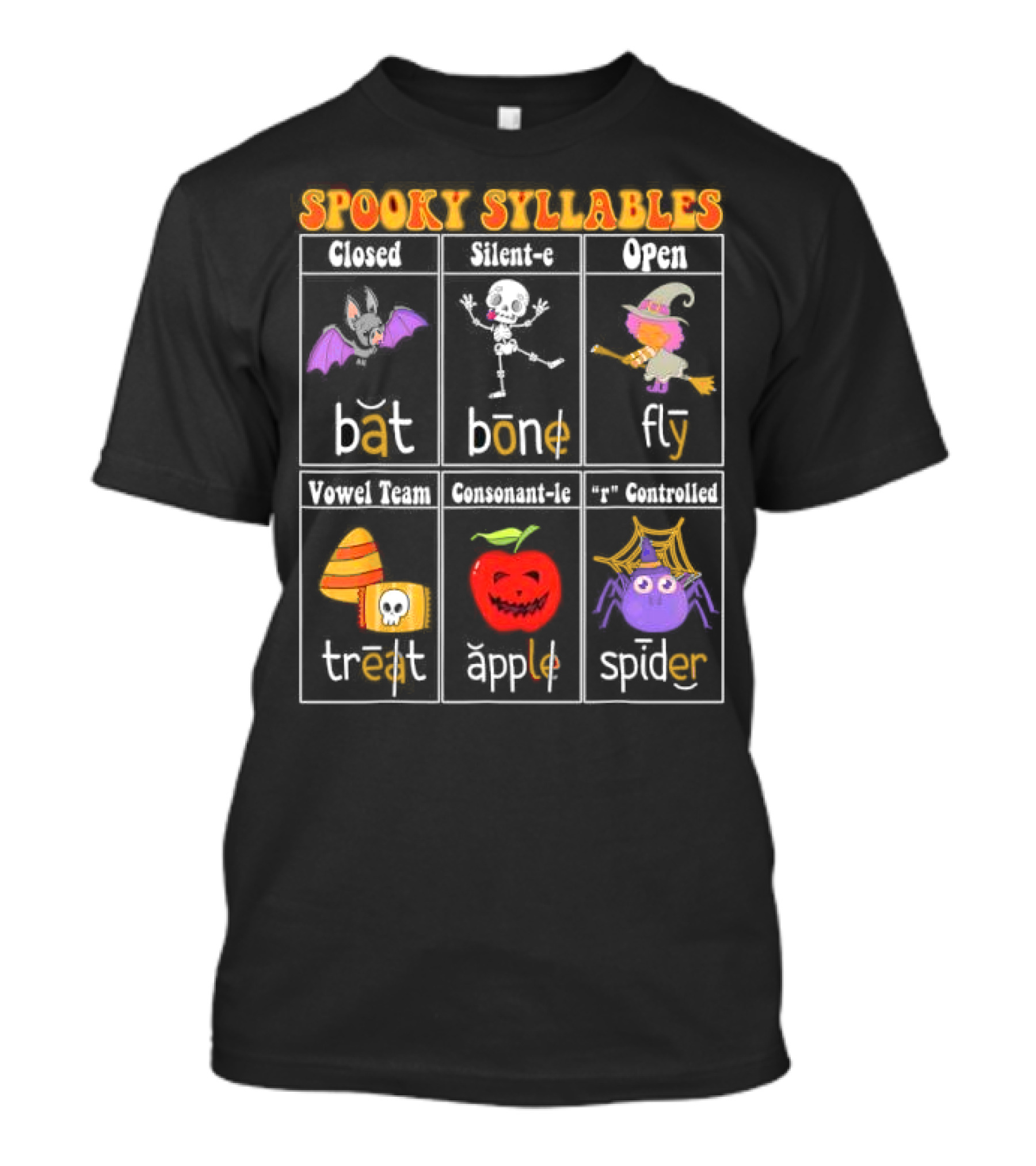 Spooky Syllables Bat Bone Fly Trick Treat Apple Spider Halloween Educational Teacher T-Shirt