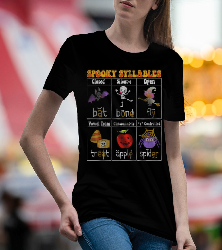 Spooky Syllables Bat Bone Fly Trick Treat Apple Spider Halloween Educational Teacher T-Shirt