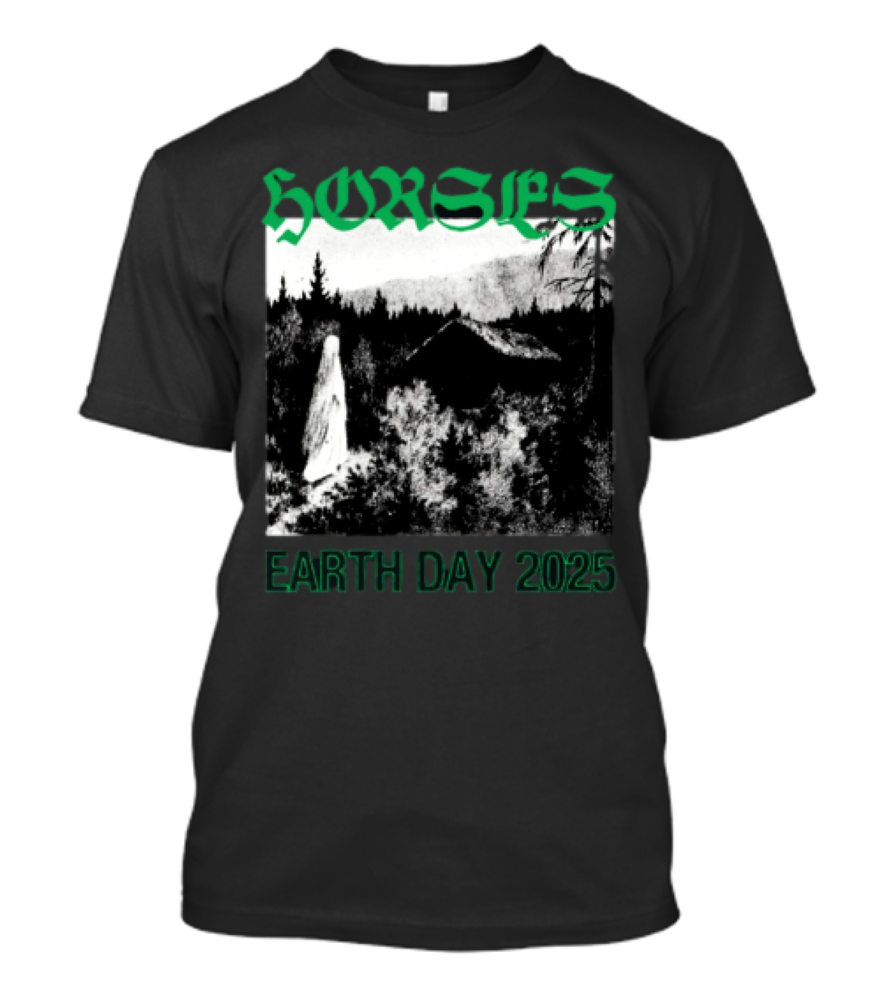 Horses Earth Day 2025 Ghostly Forest Cabin Scene T-Shirt