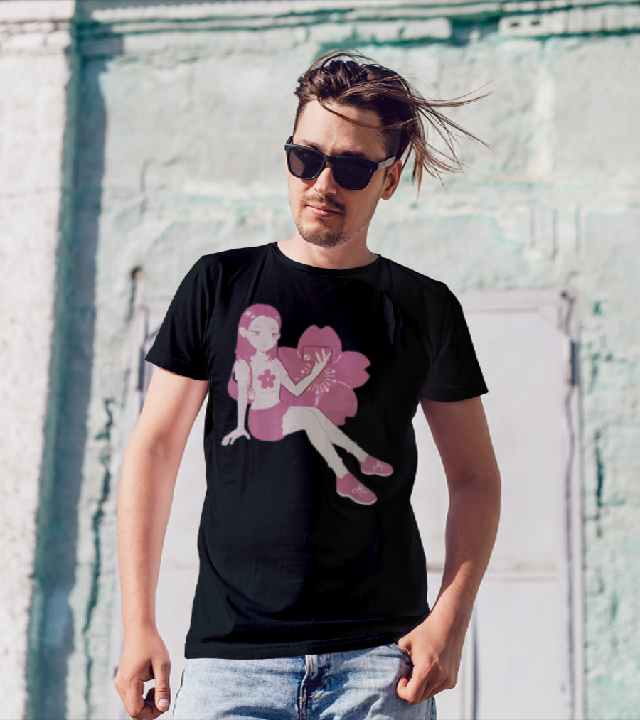 Mandys Brown Anime Style Girl Sakura Blossom Pattern T-Shirt