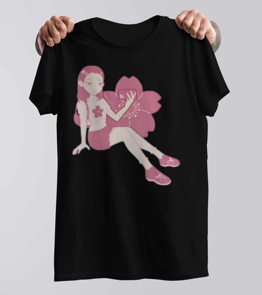 Mandys Brown Anime Style Girl Sakura Blossom Pattern T-Shirt