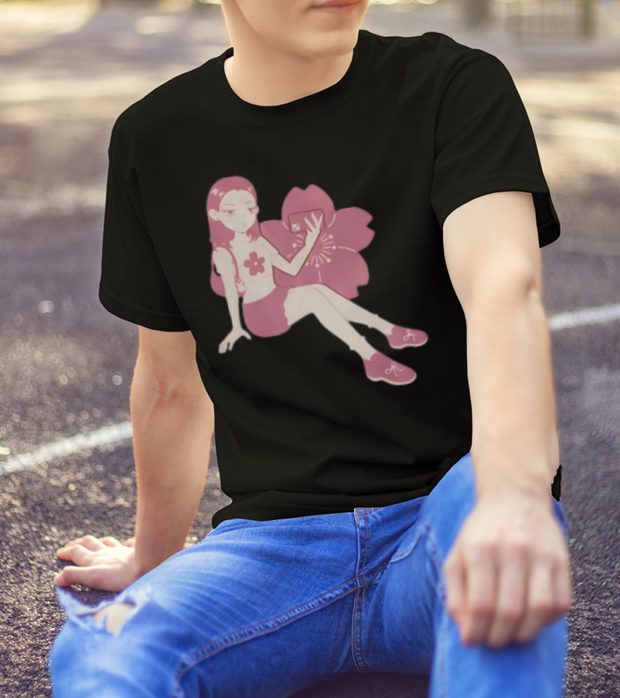 Mandys Brown Anime Style Girl Sakura Blossom Pattern T-Shirt