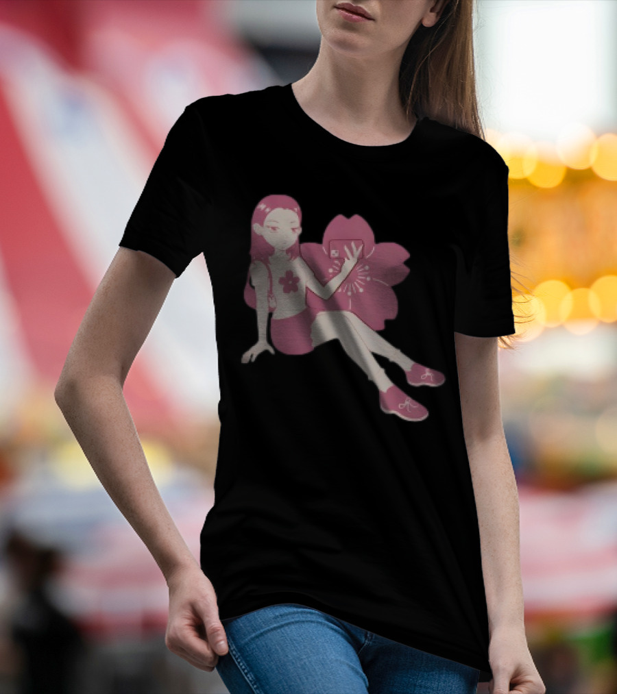 Mandys Brown Anime Style Girl Sakura Blossom Pattern T-Shirt