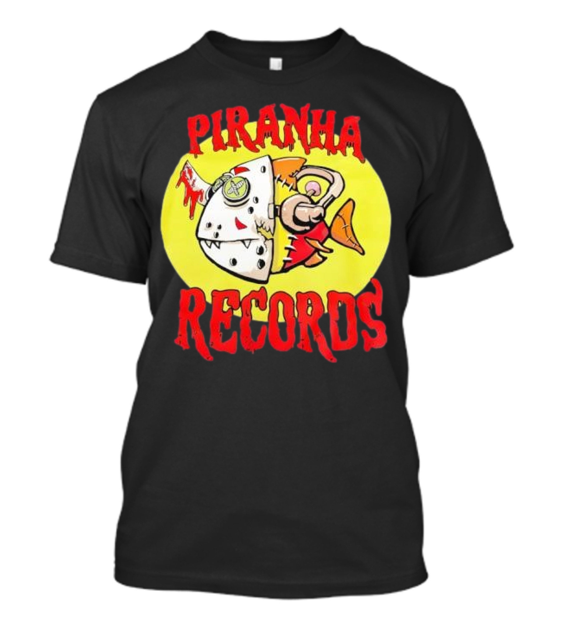 Piranha Records Cartoon Fish Bite Graphic T-Shirt