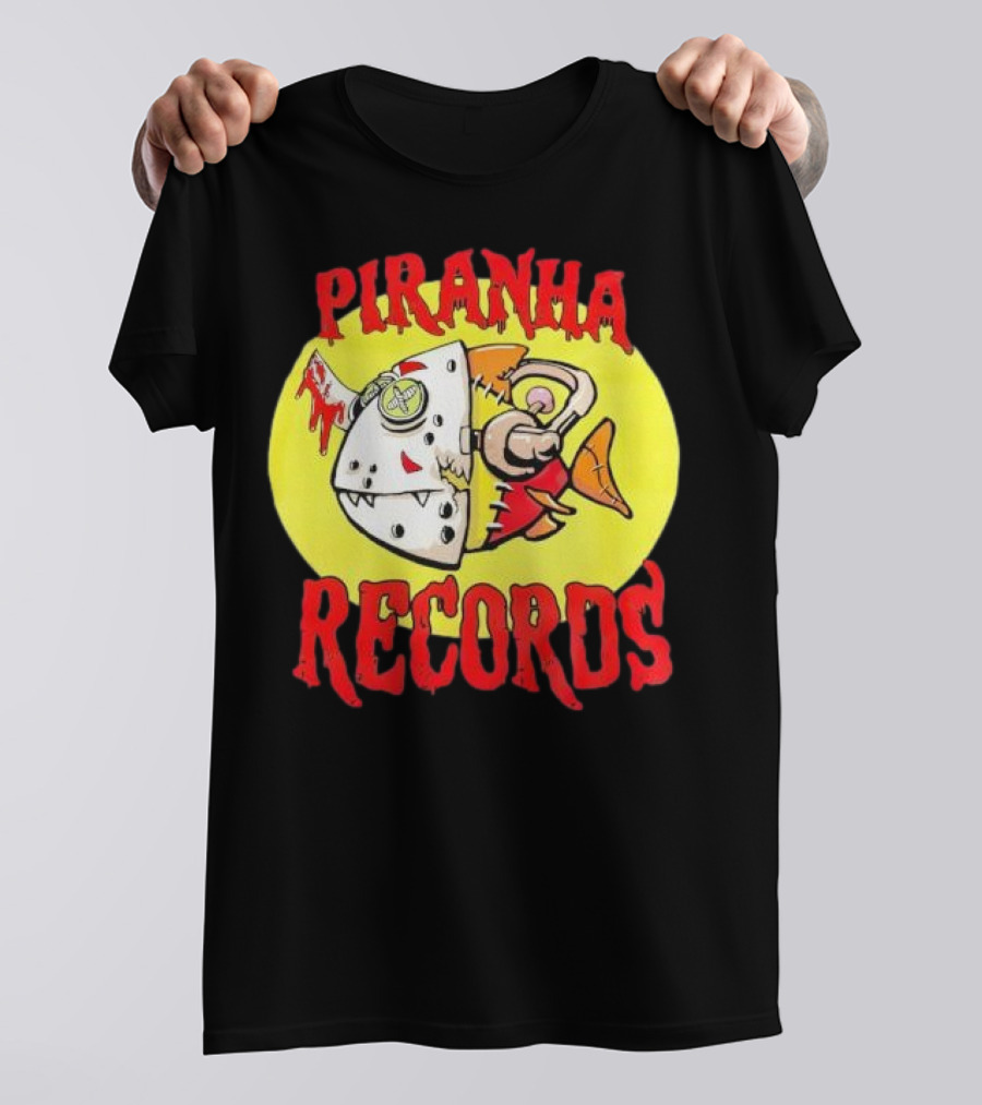 Piranha Records Cartoon Fish Bite Graphic T-Shirt