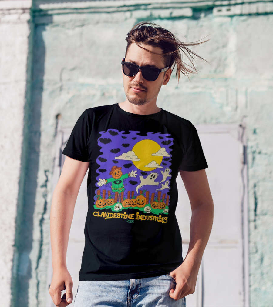 Clandestine Industries 2005 Halloween Scarecrow Ghosts Pumpkins Bats T-Shirt
