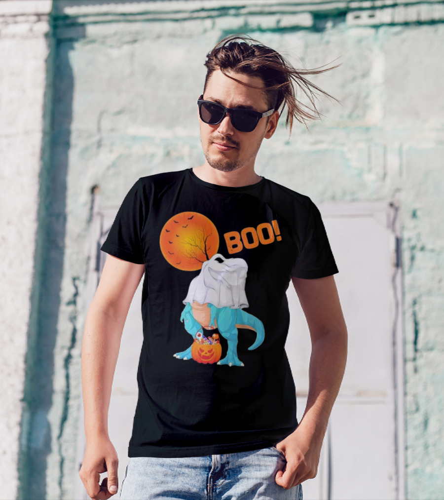 Ghost Dinosaur Rex Boo Halloween Pumpkin Boys Men T-Shirt