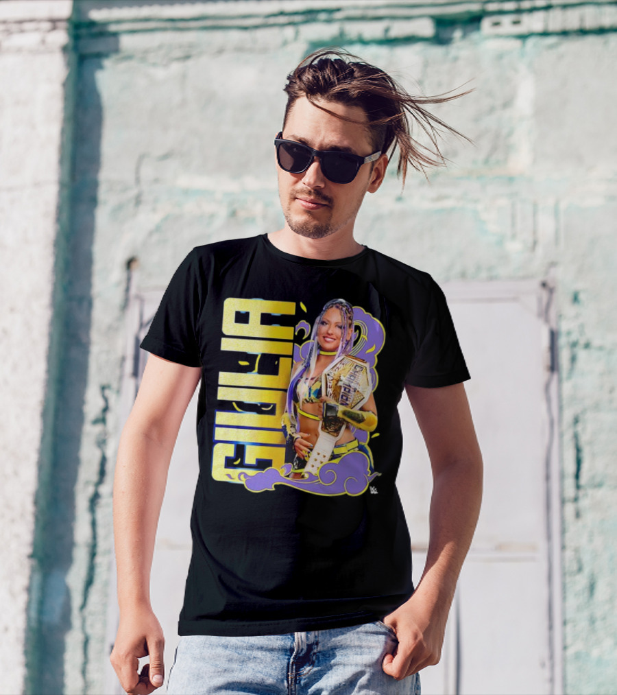 Giulia Smoke Champion Wrestling Character With Belt And Yellow Purple Accents T-Shirt