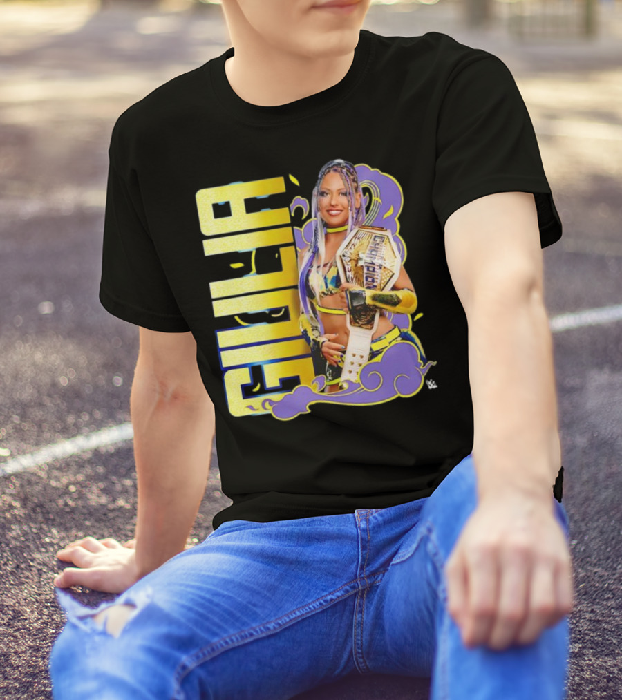Giulia Smoke Champion Wrestling Character With Belt And Yellow Purple Accents T-Shirt