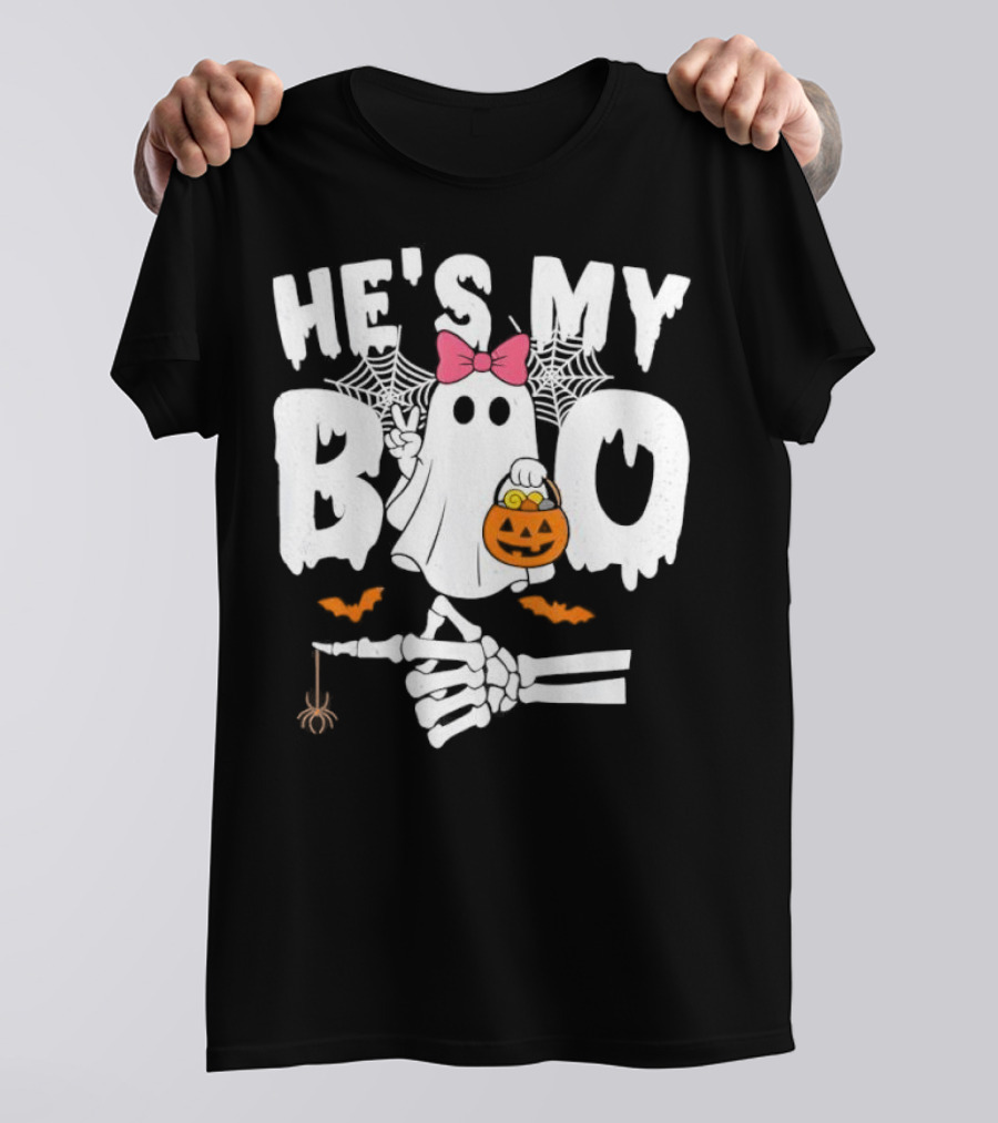 He’s My Boo Pink Bow Ghost With Pumpkin Candy Basket And Skeleton Hand Halloween T-Shirt