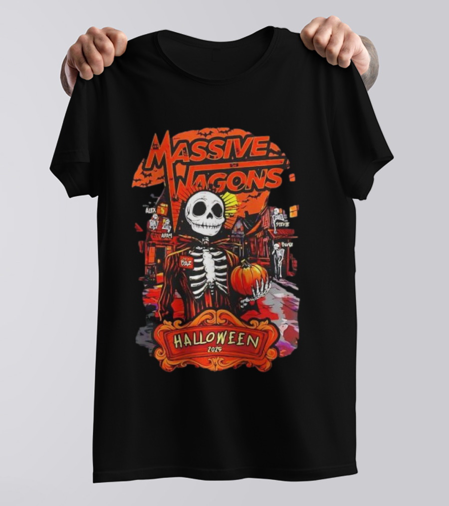 Massive Wagons Halloween 2023 Skeleton Pumpkin Spooky Street Scene T-Shirt