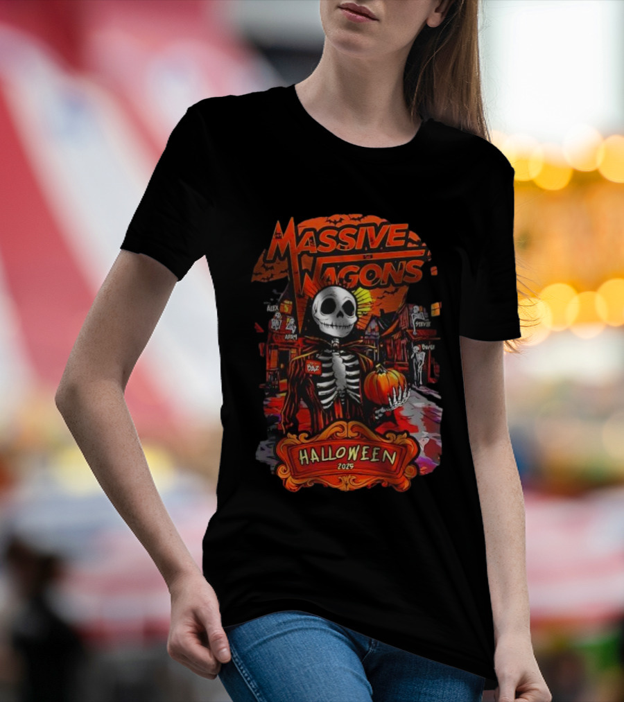 Massive Wagons Halloween 2023 Skeleton Pumpkin Spooky Street Scene T-Shirt