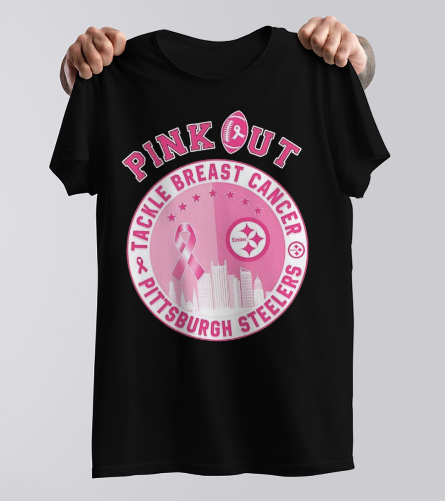 Pink Out Tackle Breast Cancer Pittsburgh Steelers Ribbon Awareness T-Shirt