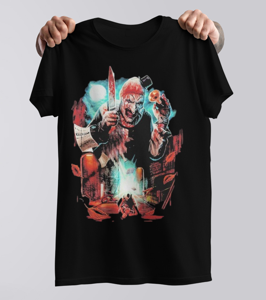 Terrifier Jokes On You Bloodstained Killer Clown With Knife And Newspaper T-Shirt