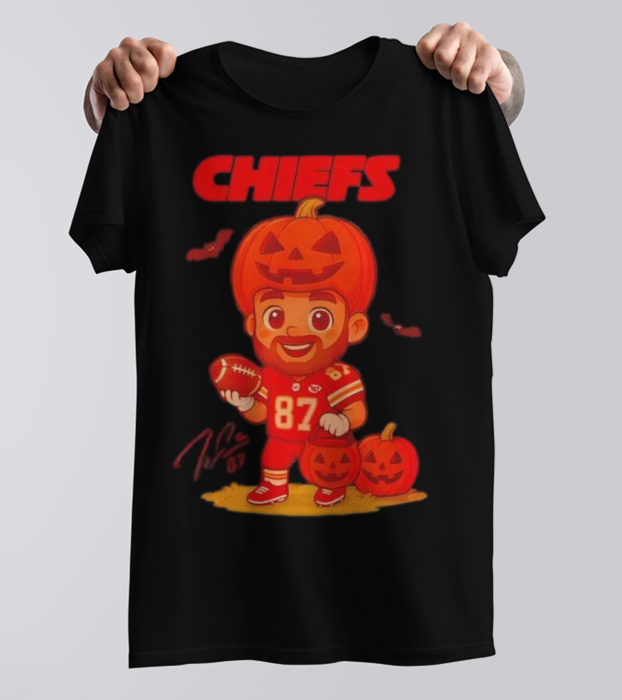 Travis Kelce Kansas City Chiefs Halloween 2025 Pumpkin Football Player Costume 87 T-Shirt