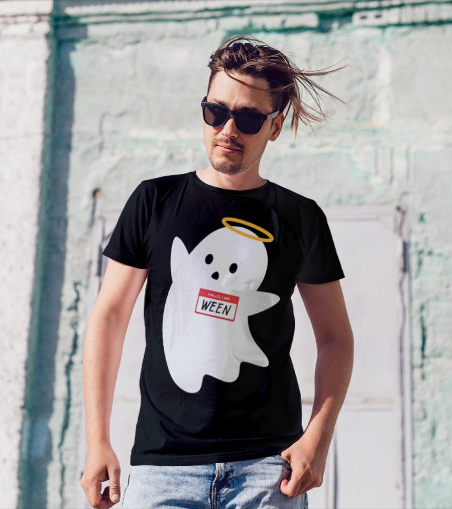 Hallo I Am Ween Ghost With Halo And Happy Halloween Name Tag T-Shirt