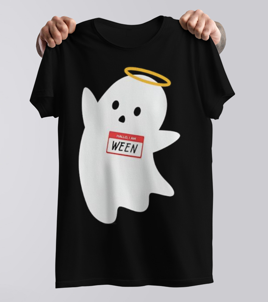 Hallo I Am Ween Ghost With Halo And Happy Halloween Name Tag T-Shirt