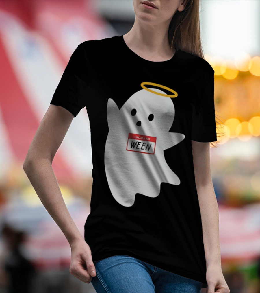 Hallo I Am Ween Ghost With Halo And Happy Halloween Name Tag T-Shirt