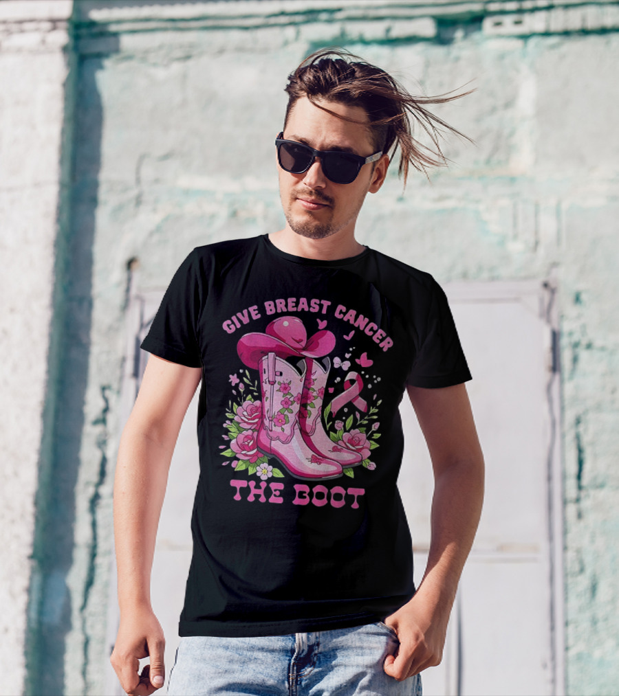 Vintage Pink Cowboy Boots Floral Breast Cancer Awareness T-Shirt