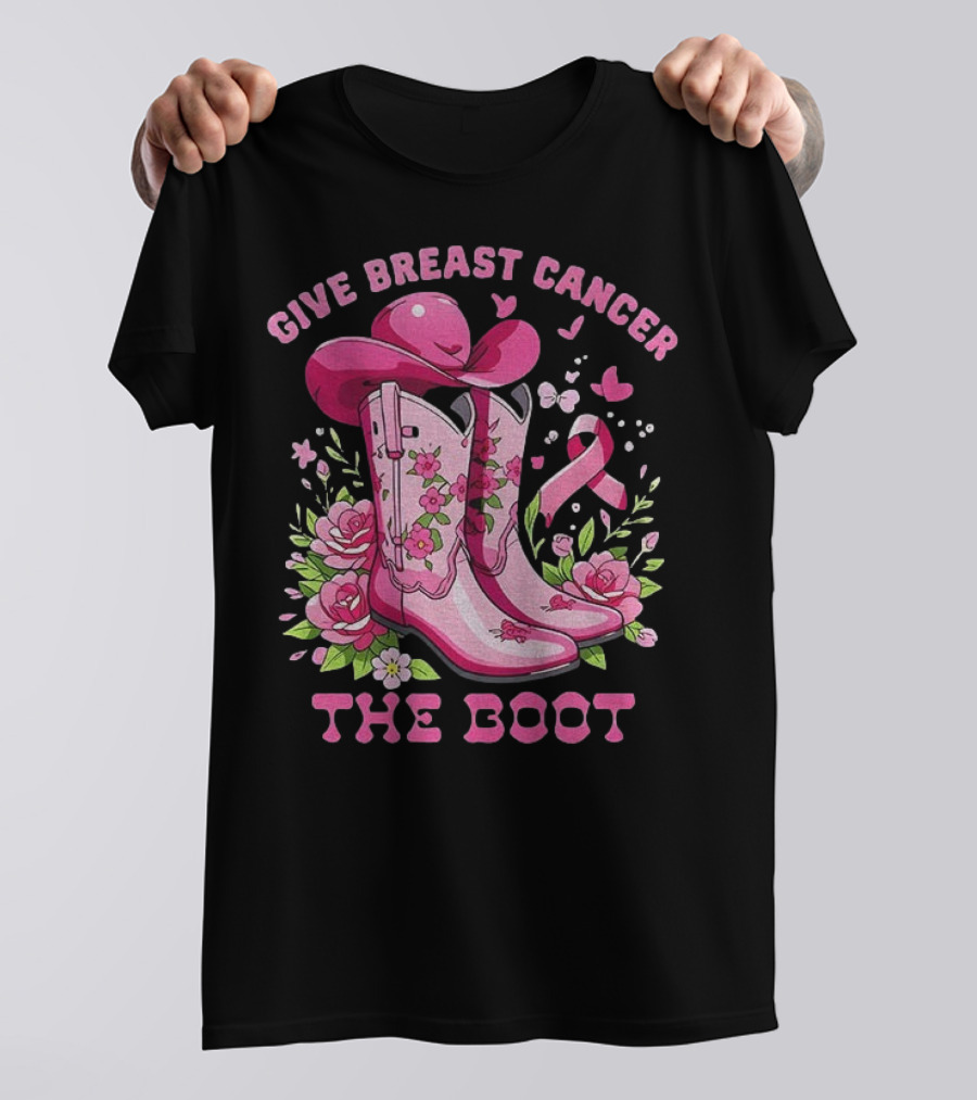Vintage Pink Cowboy Boots Floral Breast Cancer Awareness T-Shirt