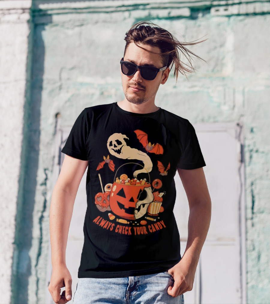 Halloween Always Check Your Candy Spooky Jack-O'-Lantern Ghost Bats And Sweets T-Shirt