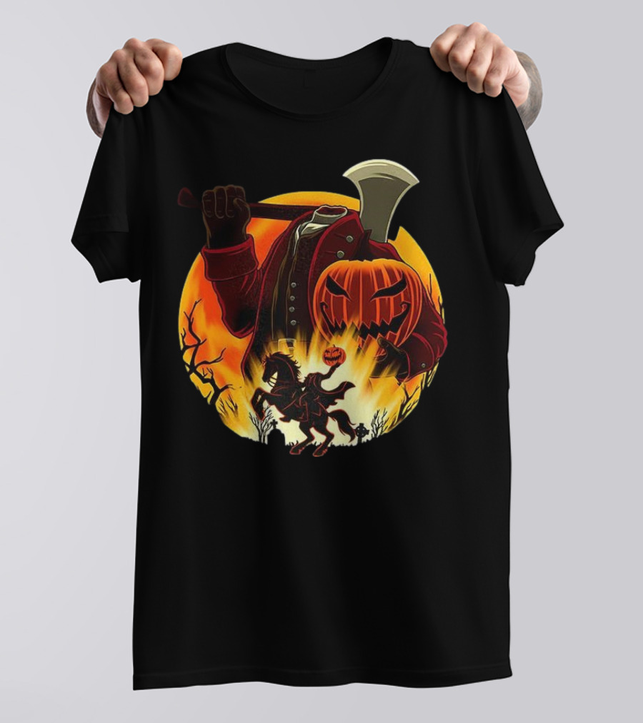 Headless Horseman Galloping Hessian Pumpkin Halloween Axe Rider T-Shirt