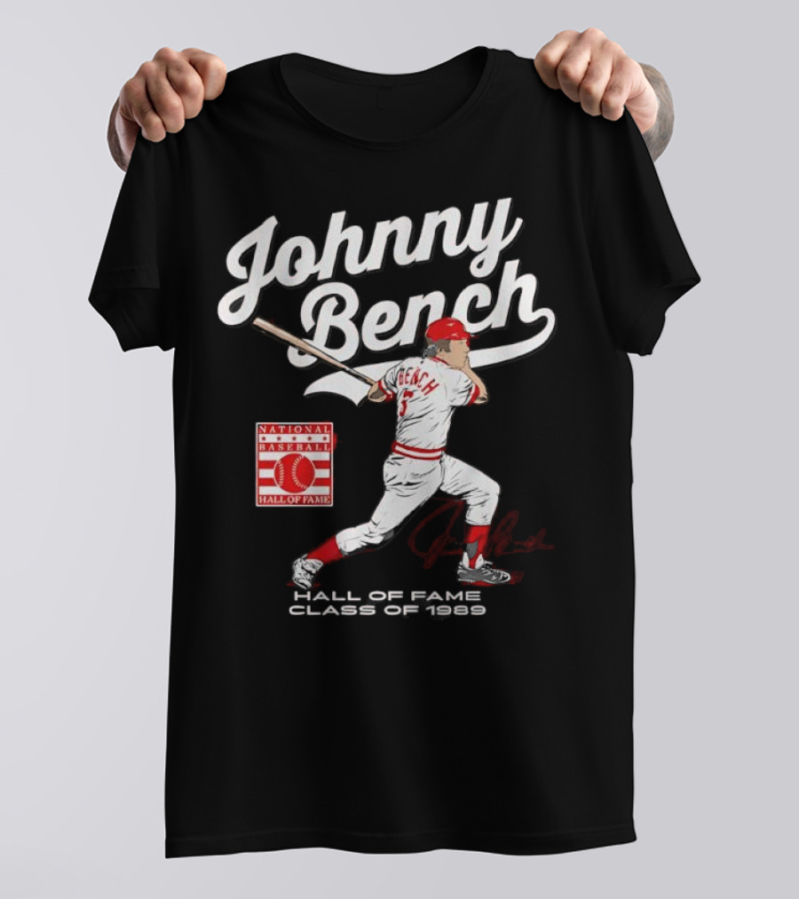 Johnny Bench National Baseball Hall Of Fame Class Of 1989 Signature T-Shirt
