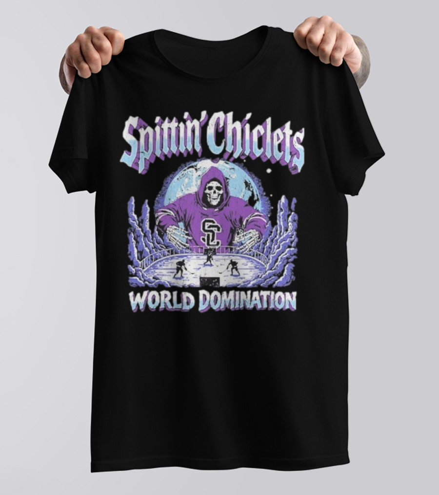 Spittin Chiclets Grim Reaper Hockey World Domination Moon T-Shirt