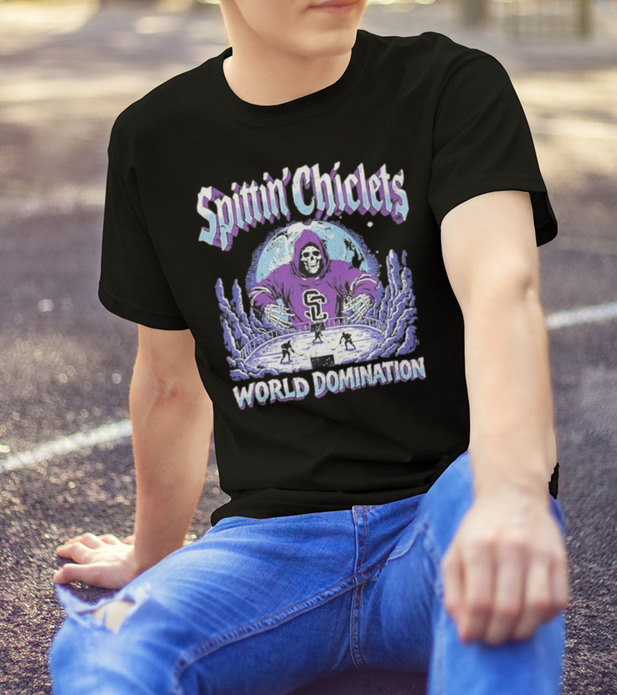 Spittin Chiclets Grim Reaper Hockey World Domination Moon T-Shirt