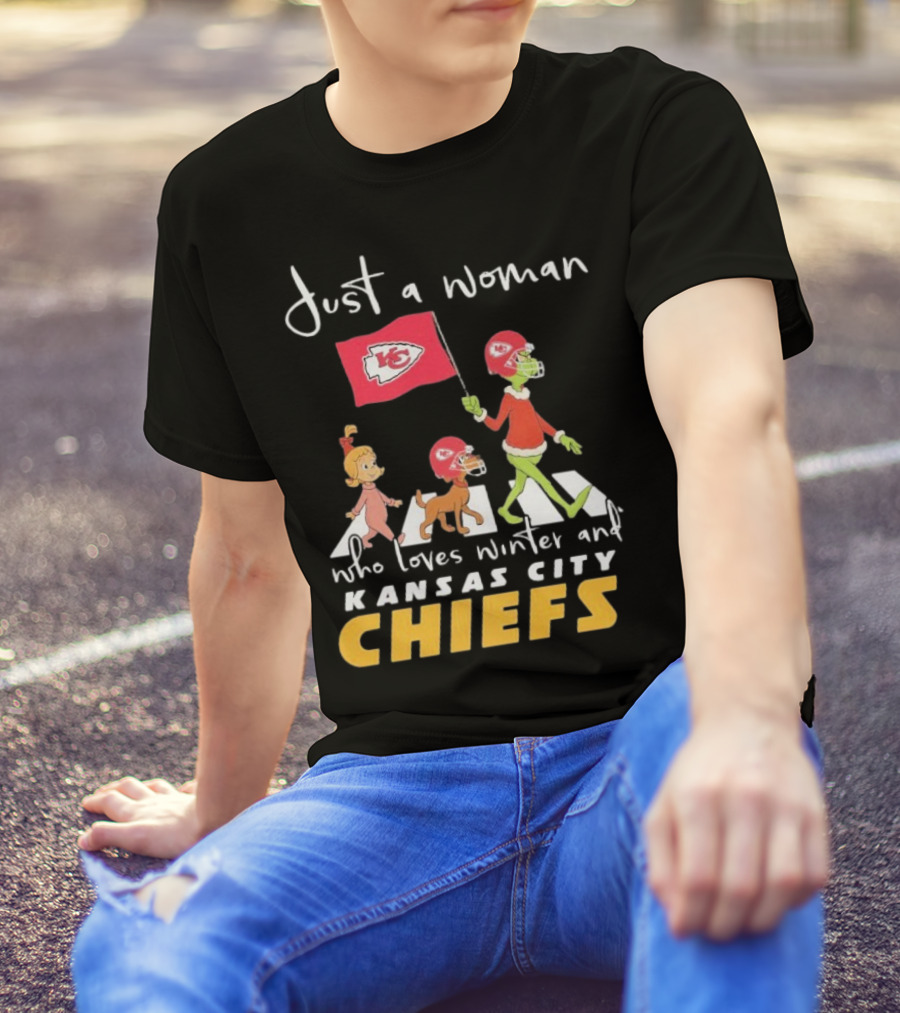 Just A Woman Who Loves Winter And Kansas City Chiefs Abbey Road T-Shirt