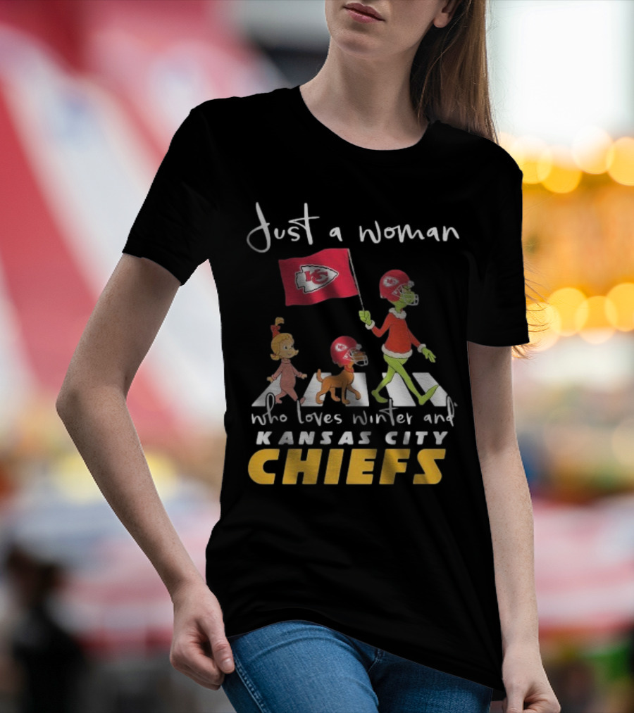 Just A Woman Who Loves Winter And Kansas City Chiefs Abbey Road T-Shirt