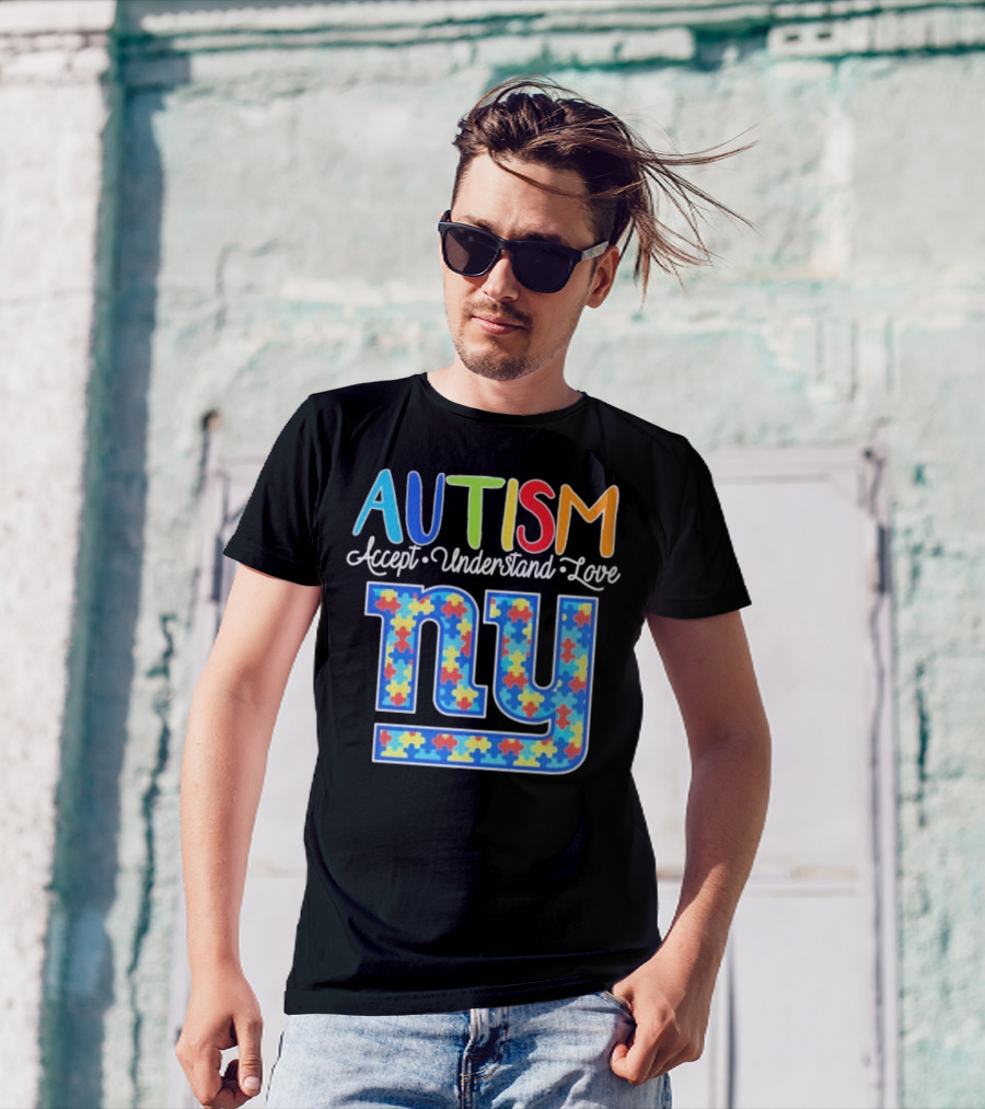 Autism Accept Understand Love NY Giants Puzzle Piece Pattern T-Shirt