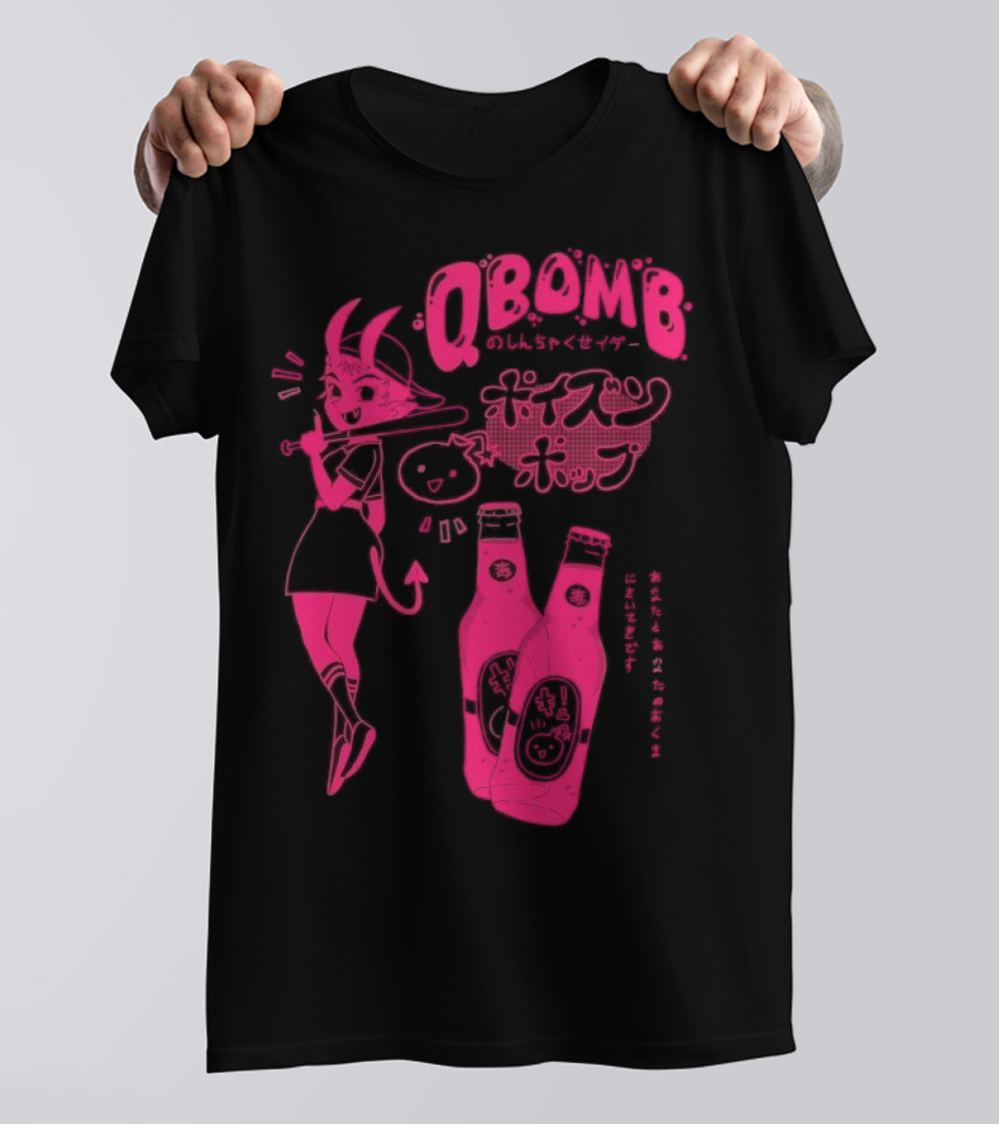 Qbomb Poison Pop Anime Demon Girl Japanese Text Retro Soda Bottles T-Shirt