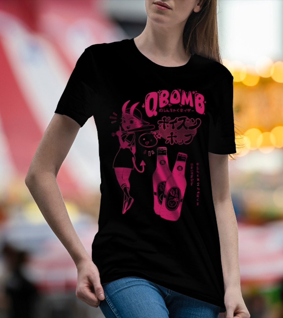 Qbomb Poison Pop Anime Demon Girl Japanese Text Retro Soda Bottles T-Shirt