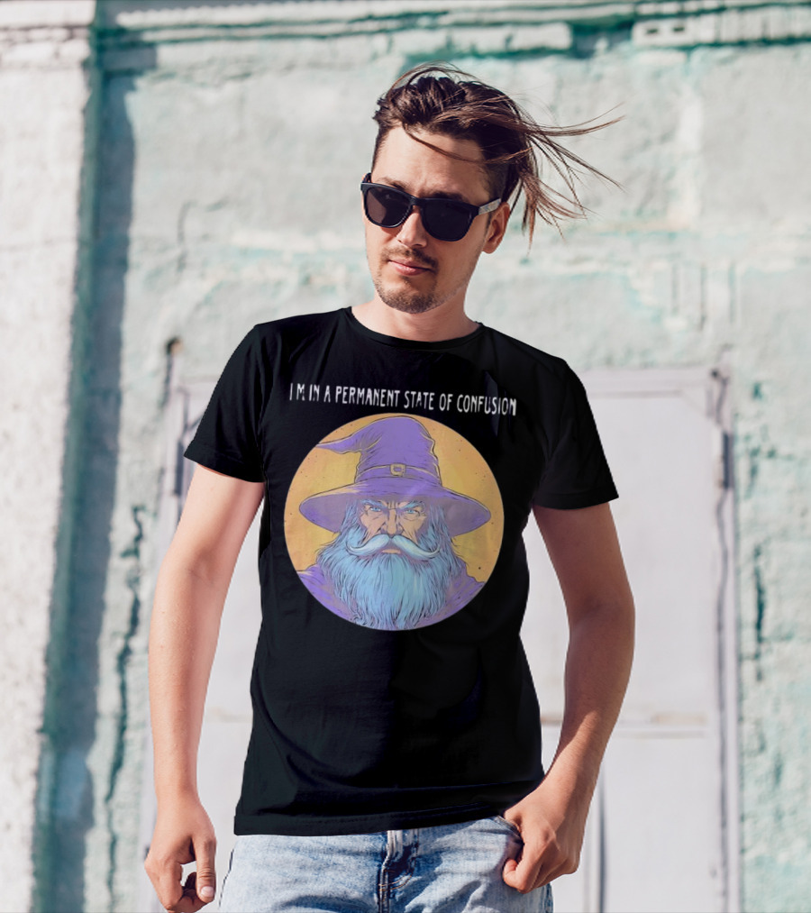 Wizard Magic I'm In A Permanent State Of Confusion Purple Hat Mystic Illustration T-Shirt