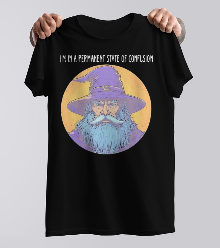 Wizard Magic I'm In A Permanent State Of Confusion Purple Hat Mystic Illustration T-Shirt